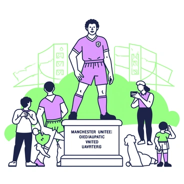 A statue of a legendary Manchester United player stands majestically outside Old Trafford. The statue depicts the player in a dynamic pose, showing him with a determined expression and athletic stance. He is wearing the classic Manchester United kit, complete with a shirt, shorts, and socks, all intricately detailed. The base of the statue is made of polished stone, engraved with the player's name and notable achievements. Surrounding the statue, there are fans gathered, some taking photographs and others admiring the tribute. The backdrop features the iconic Old Trafford stadium, with its distinctive architecture clearly visible.