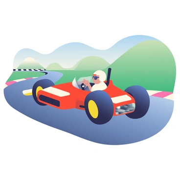 A bright red 1960s-style race car with white racing stripes is speeding along a winding race track. The car has a sleek body and oversized tires, giving it a retro yet dynamic look. In the background, there are green hills and a clear blue sky. The race track is made of smooth asphalt, with white and black checkered flags marking the corners. The car's driver, wearing a classic white helmet and sunglasses, is focused on the road ahead as the wind flows through the open cockpit. The scene captures the essence of speed and vintage racing culture.