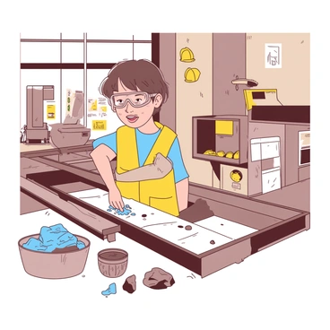A young child wearing safety goggles and a bright yellow safety vest is standing beside a conveyor belt in a mineral processing plant. The conveyor belt is moving various types of minerals, which are in shades of gray and brown. The child is actively sorting the minerals, picking up a shiny blue mineral with one hand while placing a gray stone into a nearby basket with the other hand. Behind the child, there are large machinery and storage bins, with a few yellow hard hats hanging on the wall. The lighting in the plant is bright and illuminates the scene clearly.