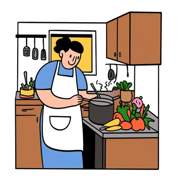 A young adult with light skin and short black hair is cooking in a small but cozy apartment kitchen. The kitchen has wooden cabinets and a small window letting in warm light. The young adult is wearing a white apron over a blue t-shirt and has a focused expression on their face. They are stirring a pot on the stove with one hand while holding a spatula in the other. Various colorful vegetables are spread out on the counter beside them. There are kitchen utensils hanging on the wall and a small potted plant on the windowsill, adding to the homely atmosphere.