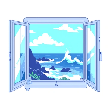 A white window frame with an open casement reveals a breathtaking view of the ocean. Outside, large blue waves are crashing against the rocky shore, sending up sprays of water. The sky is filled with fluffy white clouds, and the sunlight reflects off the surface of the water, creating shimmering highlights. On the windowsill, there are small potted plants adding a touch of greenery.