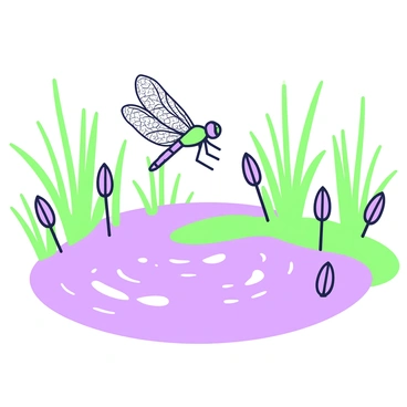 A dragonfly is hovering over a pond that reflects the surrounding environment. The dragonfly has intricately detailed wings, appearing delicate and vibrant. The pond is surrounded by tall reeds, swaying gently in the breeze. The surface of the water is smooth, with subtle ripples caused by the dragonfly's movement. In the background, more reeds create a natural frame around the scene, adding to the serene atmosphere.