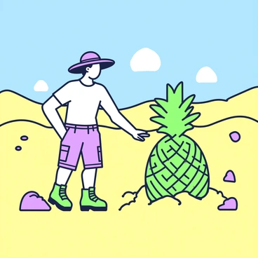 An explorer in the desert finding a massive pineapple buried in the sand
