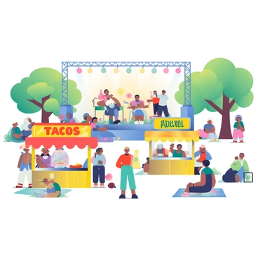 An outdoor neighborhood festival is taking place with a vibrant atmosphere. In the foreground, there are various food stalls featuring colorful banners. One stall has bright red decorations and serves tacos, while another is painted in yellow and offers fresh lemonade. People of different ethnicities are gathered around the stalls, enjoying their food and conversing. In the background, a stage is set up with musicians playing live music, surrounded by festive lights. The crowd is energetic, with some people dancing and others sitting on picnic blankets. Trees with green leaves surround the festival, creating a lively and inviting ambiance.