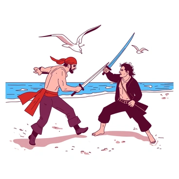 Two pirates are in the midst of an intense swordfight on a sandy beach. The first pirate has a red bandana tied around his head and is wielding a sharp sword, his muscles tense as he lunges forward. The second pirate, wearing a black eyepatch, is parrying with a blue sword, his face full of determination. Their feet kick up grains of sand as they move, and the waves can be seen crashing against the shore in the background. Seagulls circle above, watching the duel unfold.