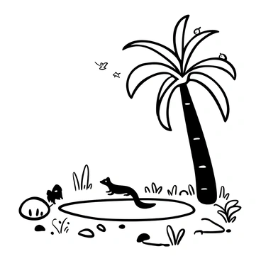 A date palm with long, arching fronds stands beside a small pond reflecting the palm's silhouette. The pond is surrounded by scattered rocks and tufts of grass. A small lizard rests on a sun-warmed rock near the water's edge. Nearby, a desert fox is crouched low, observing the pond with interest. A few birds are perched on the palm's fronds, while others hover above the pond. The scene conveys a peaceful atmosphere, capturing the essence of the desert oasis.