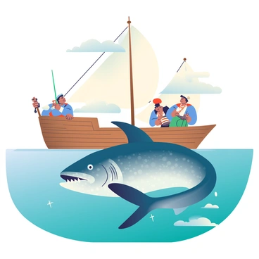A giant barracuda with shimmering scales and sharp teeth is swimming alongside a small wooden sailing ship. The barracuda's body is elongated and muscular, reflecting hues of blue and silver as it glides through the water. A group of sailors, dressed in traditional seafaring attire, are leaning over the side of the ship, gazing in awe at the creature. One sailor is holding a fishing rod, while another is pointing excitedly at the barracuda. The ocean is a deep turquoise color, and the sky above is clear with a few fluffy white clouds. The ship's sails are billowing gently in the wind, and sunlight sparkles on the surface of the water.