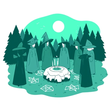 A teal coven of witches stands in a circle in a moonlit glade. Each witch wears a flowing robe that billows gently in the night breeze, with pointed hats casting shadows over their faces. In the center of the circle, there is a large white stone altar adorned with various candles that flicker, casting shadows on the ground. Surrounding the altar are intricate symbols drawn in white chalk on the grass, glowing faintly in the moonlight. Wisps of teal mist swirl around the witches, adding an air of magic to the scene. Above them, a full white moon shines brightly, illuminating the glade.