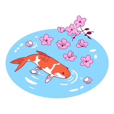 A vibrant koi fish with orange and white patterns is swimming gracefully in a serene pond. Numerous pink sakura petals are floating delicately on the surface of the water, creating a beautiful contrast with the koi fish. The pond's surface ripples gently around the fish, reflecting the soft colors of the petals. The scene captures the tranquil interaction between the koi fish and the blossoming petals.