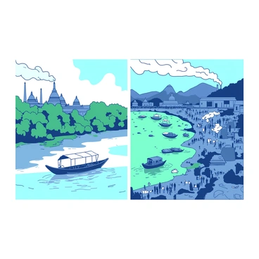 A duotone illustration depicts the "Ganges River" in a historical context on the left side, featuring traditional boats gliding through calm waters, with lush greenery lining the riverbanks. In the background, ancient temples are visible under a clear sky. On the right side, a contrasting modern-day photograph portrays the "Ganges River" heavily polluted, with trash floating on the surface and factory smoke rising in the distance. The riverbanks are crowded with people, and the water appears murky. There is a clear divide between the two sides, highlighting the stark differences in the state of the river over time.
