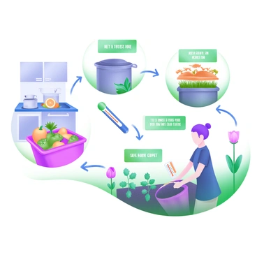 A modern pastel illustration depicting a step-by-step process of composting at home. The first stage shows a kitchen counter with a container filled with fruit and vegetable scraps. The second stage features a garden bin where the scraps are being transferred. The third stage illustrates layers of green and brown materials being added to the compost bin, such as grass clippings and dry leaves. The fourth stage depicts a thermometer to show the temperature inside the compost bin. The final stage presents a person using dark, rich compost in a garden bed, with blooming plants visible. Each stage is clearly labeled with text boxes, showcasing the steps involved in composting.