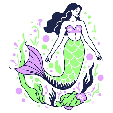An elegant mermaid is swimming gracefully through the water. Her long, flowing hair cascades around her shoulders, creating a sense of movement. She has a shimmering tail adorned with intricate Art Nouveau patterns, blending fluid lines and floral motifs. The mermaid's upper body is human-like, displaying delicate features and a serene expression. Bubbles rise from her tail as she glides effortlessly through the ocean depths. The surrounding water is filled with various fish and aquatic plants, adding to the underwater scene's richness.