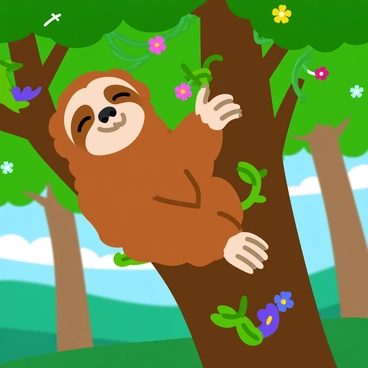 A brown sloth hanging lazily from a thick tree branch. Its long claws grip the branch firmly, and its fur appears slightly ruffled. The sloth's large eyes are half-closed, giving it a sleepy expression. Surrounding the sloth, vibrant green leaves create a dense canopy, filtering sunlight that creates dappled patterns on the sloth's body. Small colorful flowers and vines add pops of color among the greenery, enhancing the natural habitat. The background features more tree trunks and a hint of a clear blue sky peeking through the leaves.