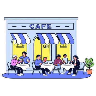 An elegant vintage café with patrons reading newspapers and sipping coffee on a sunny terrace.