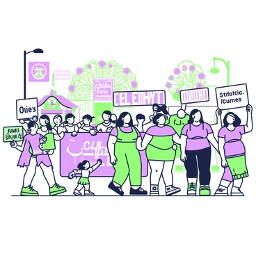 A vibrant community parade is taking place on a sunny day. Colorful banners displaying the phrase "Celebrate Strength" are hung along the street. A diverse group of participants is walking proudly, showcasing their unique bodies in bright, festive clothing. Some individuals are carrying signs that read "Love Every Curve" and "Strength Comes in All Sizes." In the background, there are a few stalls offering healthy snacks and information about body positivity. Music can be seen emanating from a float decorated with flowers and motivational quotes. Children are playing and dancing among the crowd, embodying joy and acceptance.