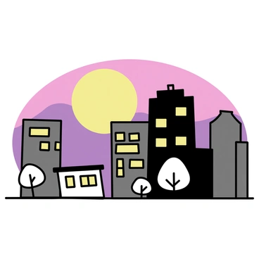 A cityscape featuring various buildings of different heights and architectural styles silhouetted against a sunset sky. The sky is transitioning from bright orange to deep purple with hints of pink, while the buildings are depicted in shades of gray and black. Light reflections are visible on the windows of the structures, capturing the warm tones from the sunset. The foreground includes a few trees with simplified shapes, enhancing the minimalistic composition.