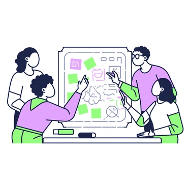 A diverse team of four individuals is gathered around a large poster displayed on a table. Each member of the team is engaged in the collaborative process. One person, a woman with curly hair, is writing on the poster with a green marker. Next to her, a man with glasses is attaching a sticky note to the poster. A second man, wearing a red t-shirt, is leaning over the table, pointing at an idea written on the poster. Meanwhile, a woman with long hair is holding a handful of markers, ready to contribute, and is looking at the others with enthusiasm. The poster is filled with a mix of ideas, illustrations, and colorful sticky notes, creating a lively display of their project concepts.