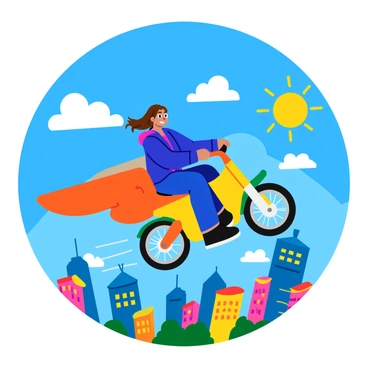 A person dressed in a bright blue jacket is riding a flying bike high above a colorful city. The bike has large, whimsical wings that extend outwards, and the rider has a joyful expression, with their hair blowing in the wind. Below, the city is filled with tall buildings of varying shapes and sizes, some with colorful rooftops. The sky is a vivid blue with fluffy white clouds scattered throughout. The sun is shining brightly, casting playful shadows across the cityscape.