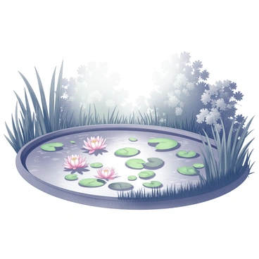 A tranquil pond surrounded by a lush, verdant landscape. The surface of the water is smooth and reflective, with several "pink lotus flowers" gently floating on the surface. The flowers are complemented by numerous "green lily pads" that provide contrast against the water. Reeds and grasses border the pond, adding texture to the scene as they sway slightly in a gentle breeze. Sunlight filters through the leaves of nearby trees, creating dappled shadows on the water.