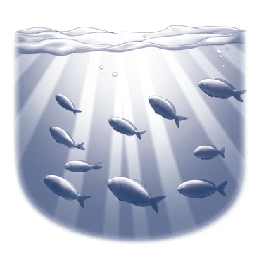 An underwater scene viewed from below, looking up towards the surface. The surface is rippled, allowing beams of light to filter down into the water. Various fish are swimming in different directions, their bodies cast as shadows against the light. The water appears textured, with bubbles rising toward the surface and subtle distortions created by the movement of the fish.