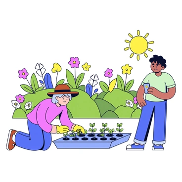 A garden filled with various plants and flowers in vibrant colors. An older person with gray hair is kneeling on the ground, carefully planting seeds in neat rows. They are wearing a brown sun hat and gardening gloves. Nearby, a young person is standing and looking at a smartphone, which displays a gardening app. The young person has short hair and is dressed in a light green t-shirt and blue jeans. The sun is shining brightly, casting soft shadows on the ground.