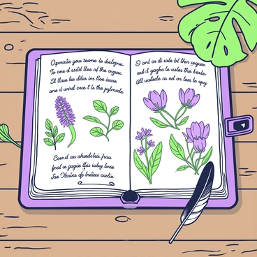 An antique journal is placed open on a rustic wooden table. The pages are filled with hand-drawn botanical illustrations featuring various plants and flowers, intricately detailed. Each illustration is accompanied by notes written in elegant script, showcasing a flowing handwriting style. The cover of the journal has a textured finish, and the edges of the pages appear slightly worn, adding to its vintage charm. A delicate feather quill rests beside the journal, hinting at the act of writing. Soft, natural light illuminates the scene, enhancing the beauty of the illustrations and the journal's aged look.