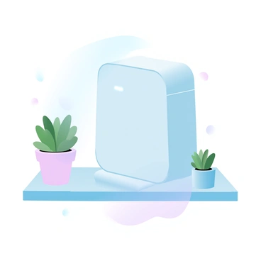 A sleek air purifier with a smooth, glossy surface is positioned on a minimalist wooden shelf. The air purifier features a simple design with clean lines and a soft glowing indicator light. The wooden shelf has a light finish, highlighting the natural grain of the wood. A few potted succulents are placed beside the air purifier, adding a touch of greenery to the scene. The background is softly blurred, emphasizing the air purifier and the shelf's simplicity.