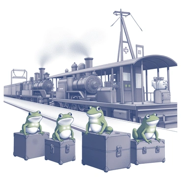 A group of frogs is positioned on the platform of a vintage train station. The frogs are various sizes, some sitting on old wooden benches while others are perched on their luggage, which contains various vintage travel bags and suitcases. In the background, steam engines are puffing clouds of steam, with intricate details of brass and iron on their surfaces. The station features classic architectural elements such as a large arched roof, wooden beams, and vintage-style signage, completing the nostalgic atmosphere.