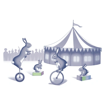 A group of bunnies is performing various tricks in an arena setting. One bunny is balancing on a unicycle, showcasing its skills, while another bunny is jumping through a hoop. A third bunny is playfully stacking colorful boxes. In the background, a large top tent with a peaked roof stands prominently, decorated with flags and banners. The scene captures a sense of excitement, with spectators watching intently from the sidelines.