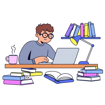 A scholar intensely typing on a laptop with books spread around in a study