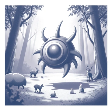 A large beholder with a central eye and multiple eyestalks is hovering in a clearing of an enchanted forest. Its body is textured and detailed, showcasing its unique features. The beholder is positioned at the center, emanating a sense of protection over the surroundings. Various wildlife, including deer, rabbits, and birds, are visible around the beholder, creating a lively atmosphere. The forest is dense with trees and foliage, creating a natural frame. Sunlight filters through the leaves, casting intricate shadows on the ground. The scene embodies a harmonious connection between the beholder and the creatures of the forest.