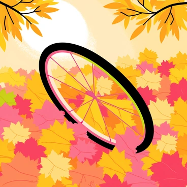 A bike tire with a black rubber surface rolls over a thick blanket of colorful autumn leaves. The leaves display vibrant shades of red, orange, and yellow, creating a lively mosaic on the ground. The bike tire leaves a distinct track behind, pressing through the layers of leaves. Sunlight filters through the branches above, casting soft shadows and highlighting the texture of the leaves.