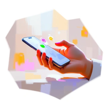 An illustration depicting a human hand with a light skin tone gently holding a smartphone. The phone's screen is visible, displaying a glowing interface with icons representing communication and connection. The hand is positioned in a way that suggests a casual yet attentive grip, as if engaged in a supportive conversation. In the background, there are soft, blurred outlines of abstract shapes to create a sense of warmth and intimacy.