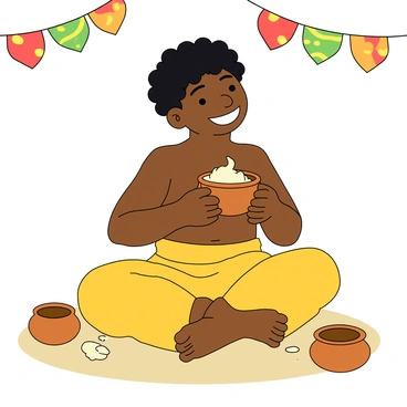 A small boy with dark skin and curly black hair, wearing a bright yellow dhoti. He has a mischievous grin on his face, showcasing his playful nature. He is sitting on the ground, surrounded by a few scattered clay pots. In his hands, he holds a small clay pot filled with creamy white butter, which he is eagerly scooping with his fingers. Butter is smeared around his mouth, highlighting his delight. The scene captures a sense of joy and innocence, with a festive atmosphere suggested by colorful decorations in the background.