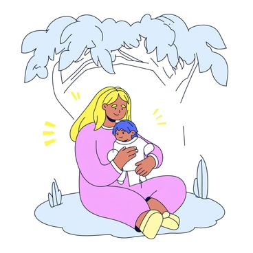 A mother with long, flowing hair is gently cradling her child in her arms. They are sitting on a grassy patch beneath a large, leafy tree, with the tree's branches providing shade. The mother is wearing a simple, light-colored dress, and her child is wrapped in a soft, pastel-colored blanket. Sunlight filters through the leaves above, creating a dappled pattern on the ground around them. The mother is looking down at her child with a warm smile.