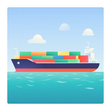 A colossal cargo ship is sailing across a calm ocean, its hull painted in dark blue with bright orange accents. The ship has several large containers stacked neatly on its deck, each in varying colors including green, red, and yellow. The ocean is a deep turquoise with gentle waves reflecting the sunlight. Above, the sky is clear and bright blue, with a few white clouds lazily drifting by. In the distance, the horizon meets the water seamlessly, creating a tranquil atmosphere.