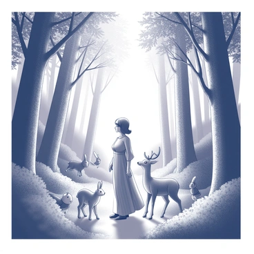A dense forest filled with tall trees and thick foliage. Sunlight filters through the leaves, creating dappled shadows on the forest floor. In the center, there is a mystical figure, depicted as a tall, ethereal being with flowing garments that blend seamlessly with the surroundings. Various animals gather around this figure, including a curious deer with large eyes, a small rabbit with perked ears, and a few birds perched on nearby branches. The scene conveys a sense of harmony among the animals and the central figure, as they all appear drawn to one another in this serene setting.