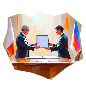 Two diplomats standing across from each other, each dressed in formal attire, are engaged in a ceremonial exchange of signed treaties. One diplomat, a man with dark hair and glasses, holds a framed document while extending it towards the other diplomat, a woman with light skin and short, neatly styled hair. They are both bowing slightly, showcasing respect and formality in their gestures. The setting is a lavish office adorned with flags and a large wooden table between them, creating an atmosphere of diplomacy and agreement.