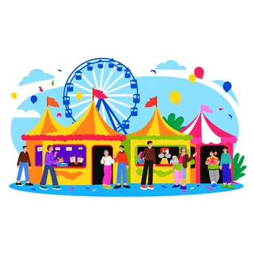 A lively carnival scene with colorful booths decorated in bright, eye-catching patterns. Each booth features various games and prizes hanging from the front. Numerous bright balloons float above, showcasing a mix of colors like red, blue, yellow, and green. Whimsical rides spin in the background, with a ferris wheel towering over the scene, its lights sparkling against a clear sky. People of all ages are enjoying themselves, with children laughing and adults playing games. The ground is covered with vibrant confetti, adding to the festive atmosphere.