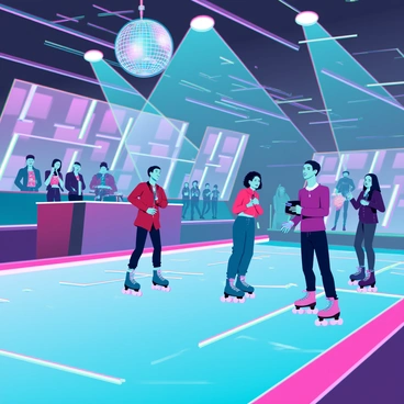 A vibrant roller skating rink filled with skaters of various ages and backgrounds. The floor is polished and glistening, reflecting the colorful lights that illuminate the space. Bright beams of light radiate from a central disco ball, casting multicolored patterns across the walls and ceiling. Skaters are wearing various types of roller skates, with some performing tricks and others gliding smoothly along the track. There are groups of friends laughing and enjoying themselves, while a DJ booth is set up, complete with turntables and speakers, enhancing the lively atmosphere.