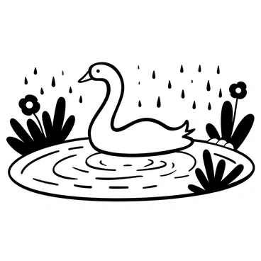 A swan gliding gracefully on the surface of a pond, its body partially reflected in the water. Circular ripples emanate from where raindrops fall, creating a pattern around the swan. Surrounding the pond are lush plants with leaves catching droplets, enhancing the scene's detail. The water is disturbed by falling rain, creating a dynamic, textured appearance across the pond's surface.