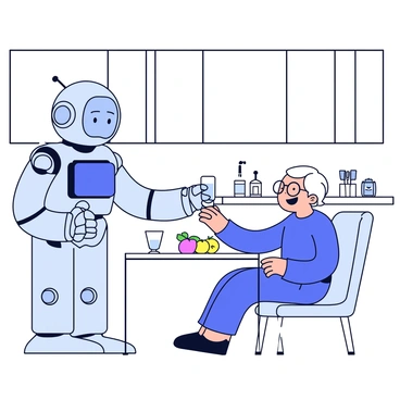 A humanoid robot with a sleek silver body is assisting an elderly person inside a modern kitchen. The robot has articulated arms and a digital screen for a face, displaying friendly expressions. The elderly person is sitting on a light-colored chair, wearing glasses and smiling. The robot is reaching out to hand the elderly person a glass of water, with a small countertop filled with fruit and utensils in view. The kitchen is bright, with large windows letting in natural light and sleek cabinets lining the walls.