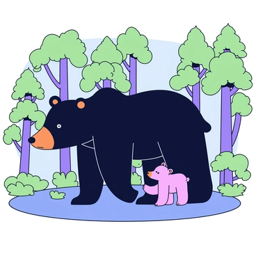 A large bear with thick, dark fur stands protectively over two small cubs nestled at its feet. The bear has a strong build, with its head slightly lowered as it surveys the surroundings. The cubs are fluffy and playful, looking up at their mother with curious eyes. Surrounding them is a lush forest filled with tall green trees and soft underbrush. Sunlight filters through the leaves, casting dappled shadows on the ground.
