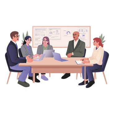 A group of four office security team members gathered around a conference table. The first member on the left is a man with short brown hair, wearing glasses, a navy blue suit, and a white shirt. He is speaking while gesturing towards a laptop displaying a presentation. The second member is a woman with long black hair tied in a ponytail, wearing a dark green blazer and a patterned blouse, taking notes on a notepad. The third member, a man with medium skin and a bald head, is sitting across from them, wearing a gray vest over a light blue shirt and actively listening. The fourth member is a woman with curly red hair, wearing a light-colored cardigan and jeans, looking at a flowchart pinned to the wall that outlines potential social engineering tactics. A whiteboard in the background is filled with diagrams and keywords related to security strategies, and there are potted plants on either side of the room.