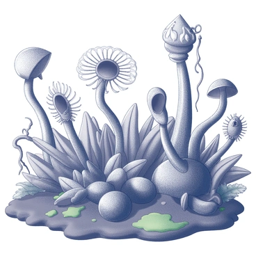 A dense jungle filled with various carnivorous plants. These plants exhibit unusual shapes, such as long tubular bodies and wide, open mouths resembling traps. Some plants have large, lacy leaves while others feature spiky tendrils that reach outwards. The environment is lush, with thick foliage surrounding the plants. The ground is covered in rich, dark soil with patches of green moss peeking through. Vines hang from nearby branches, adding to the dense feeling of the jungle. "Carnivorous plants" are depicted prominently, showcasing their unique and intricate designs.