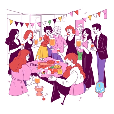 A vibrant party scene filled with guests enjoying their time. Several guests are standing in groups, each holding a negroni cocktail, which features a bright orange color. Laughter fills the air as individuals engage in animated conversations. Some guests are dressed in elegant attire, while others wear casual outfits, creating a lively mix. There are colorful decorations around the room, and a table filled with appetizers is visible in the background. The atmosphere is joyful, with people raising their glasses and toasting to moments of celebration.