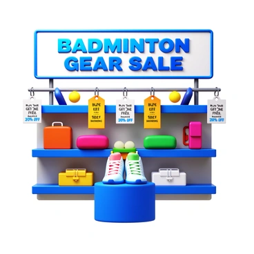 A 3D icon featuring a large sign that reads "Badminton Gear Sale" in bold letters. The sign is positioned above shelves stocked with colorful badminton rackets, shuttlecocks, and sports bags. Various promotional tags hang from the shelves, showcasing discounts with phrases like "Buy One Get One Free" and "20% Off Select Items." Several badminton shoes are displayed on a pedestal, emphasizing their sleek design. The scene is well-lit, showcasing the vibrant colors of the products and creating an inviting atmosphere inside the store.