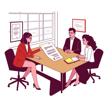 In a modern conference room with a sleek wooden table, three colleagues are engaged in a discussion about a case file. One colleague, a woman with glasses, is pointing at a large document spread on the table. She has shoulder-length brown hair and is wearing a red blazer. Another colleague, a man with short black hair, is leaning forward, holding a yellow notebook while taking notes. The third colleague, a woman with curly hair, is seated back in her chair, listening intently, with a pen in hand poised over a white pad of paper. The walls are adorned with framed legal certificates, and natural light streams in through large windows, brightening the space.