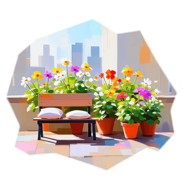 A small urban garden situated on a city rooftop, showcasing a variety of blooming plants including vibrant daisies, colorful petunias, and fragrant jasmine. Several pots, each containing different herbs like basil and mint, are arranged neatly along the edge. A rustic wooden bench with a few cushions offers a resting spot among the greenery. The background features a skyline of modern buildings, partially obscured by the lush foliage of the garden. Soft sunlight illuminates the scene, casting gentle shadows on the plants and bench.