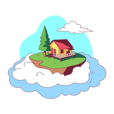 A small island is floating above a layer of fluffy white clouds. On this island, there is a cozy house with warm yellow walls and a red roof, featuring a small porch with a white railing. In front of the house, a single green tree stands tall, its branches gently swaying in a light breeze. The island is surrounded by blue skies, creating a serene atmosphere as the sunlight casts soft shadows on the house and tree.